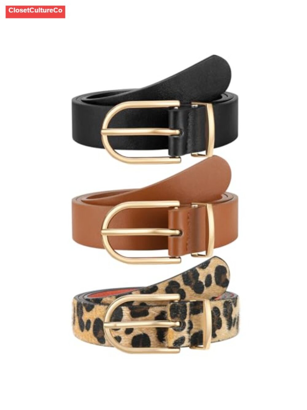 3 Pack Women's Faux Leather Belts Gold Buckle Jeans Dress